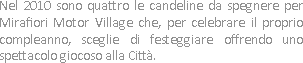 Nel 2010 sono quattro le candeline da spegnere per Mirafiori Motor Village che, per celebrare il proprio compleanno, sceglie di festeggiare offrendo uno spettacolo giocoso alla Città.