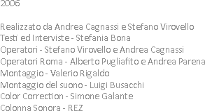 2006 Realizzato da Andrea Cagnassi e Stefano Virovello Testi ed Interviste - Stefania Bona Operatori - Stefano Virovello e Andrea Cagnassi
Operatori Roma - Alberto Pugliafito e Andrea Parena
Montaggio - Valerio Rigaldo
Montaggio del suono - Luigi Busacchi
Color Correction - Simone Galante
Colonna Sonora - REZ 
